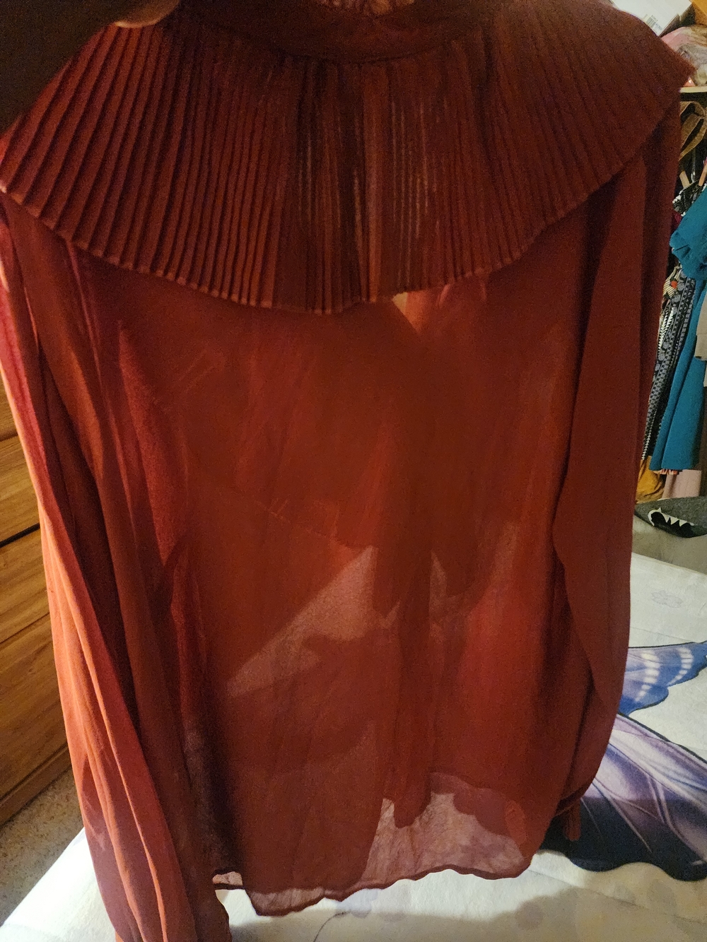 Women's Rust Pleated Ruffle-Front Blouse - Picture 3 of 3